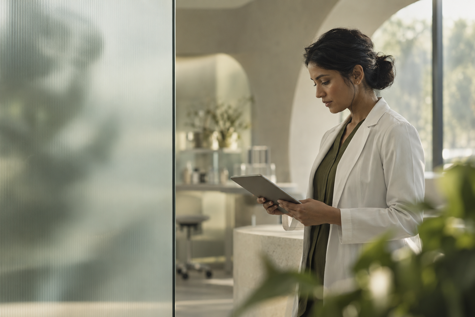 Editorial illustration of a clinician working with a tablet in a bright care environment